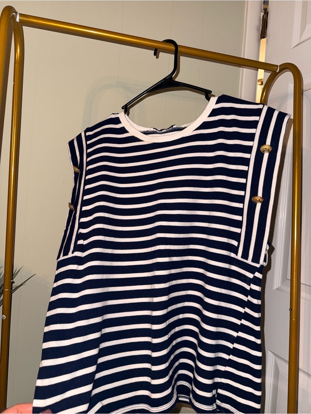 Zara Navy & White Striped Tank with Gold Buttons